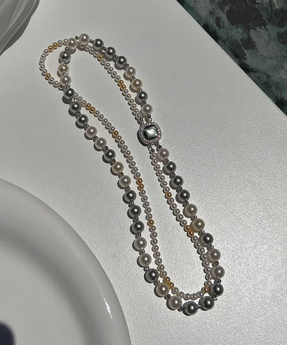 Unique Grey Sterling Silver Alloy Zircon Double Layer Pearl Gratuated Bead Necklace QJ038