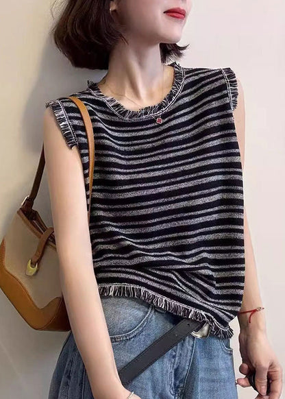 Sleeveless Unique Striped Tank Cotton Tops Tasseled Grey