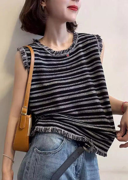 Sleeveless Unique Striped Tank Cotton Tops Tasseled Grey