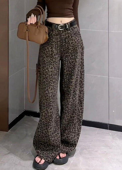 Pants Denim Waist Pockets Leopard Wide Leg High Fall Unique