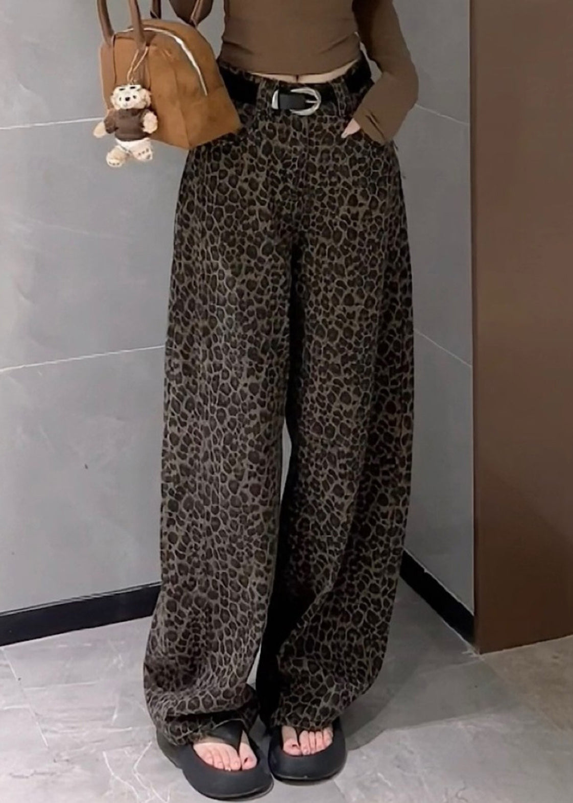Pants Denim Waist Pockets Leopard Wide Leg High Fall Unique