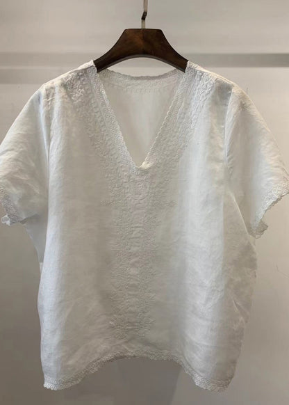 Unique Light Neck Linen Summer Shirt Embroidered V Blue Tops