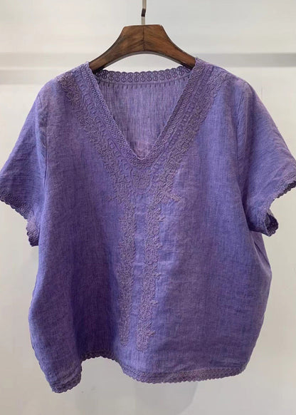 Unique Light Neck Linen Summer Shirt Embroidered V Blue Tops