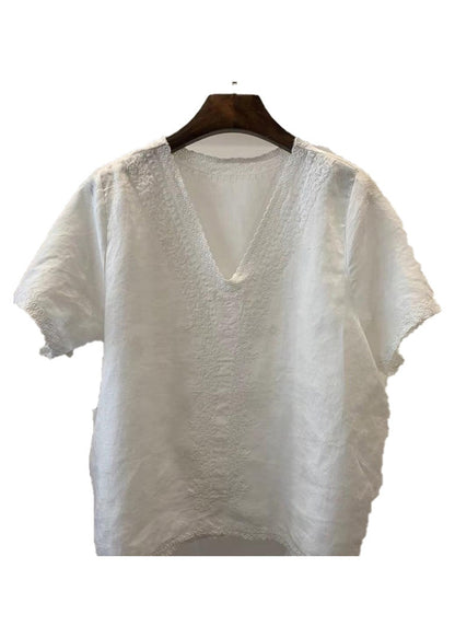 Unique Light Neck Linen Summer Shirt Embroidered V Blue Tops