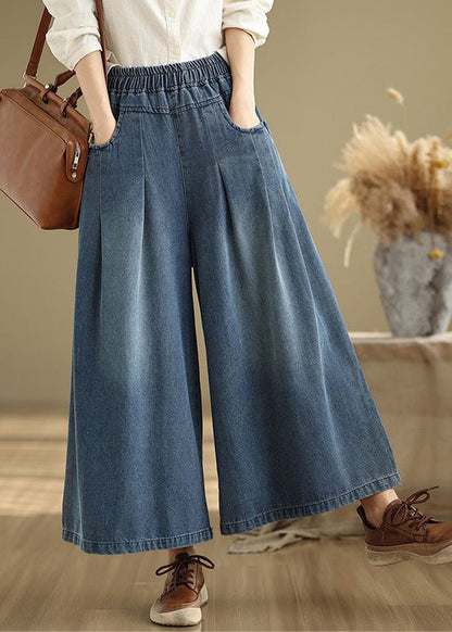 Navy Elastic Waist Summer Leg Wide Pants Unique Wrinkled Denim