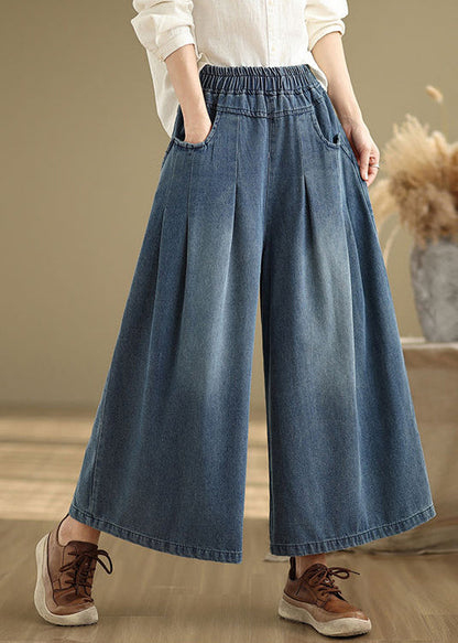Navy Elastic Waist Summer Leg Wide Pants Unique Wrinkled Denim