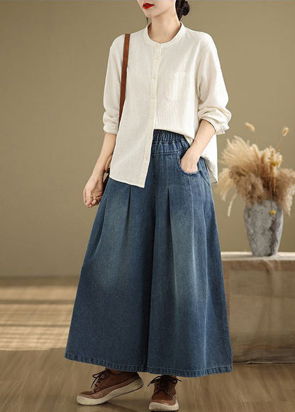 Navy Elastic Waist Summer Leg Wide Pants Unique Wrinkled Denim