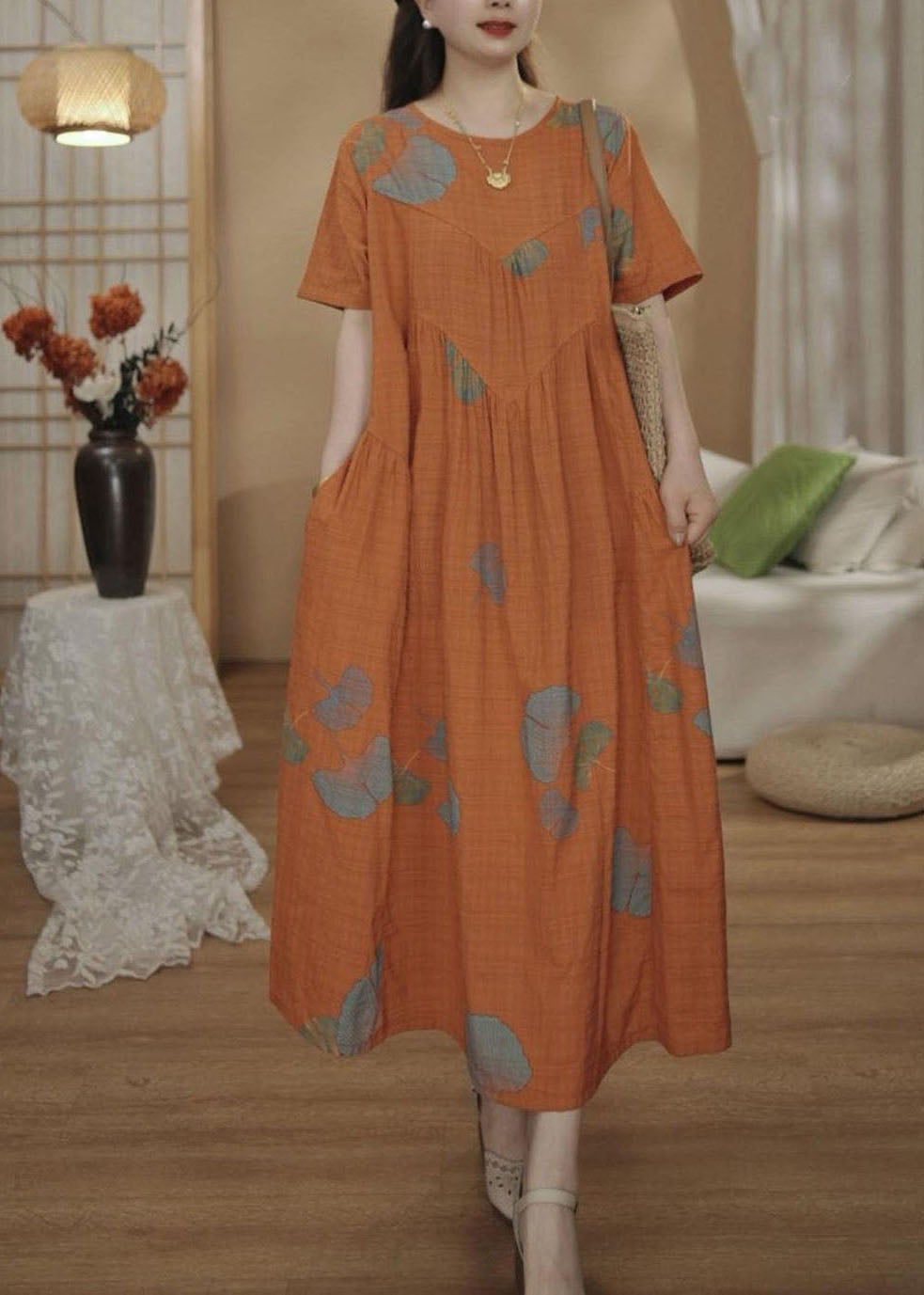 Oversized Dresses Cotton Summer Print Maxi Unique Orange