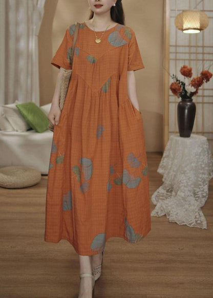 Dresses Unique Orange Cotton Oversized Summer Maxi Print