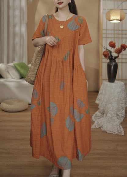 Dresses Unique Orange Cotton Oversized Summer Maxi Print