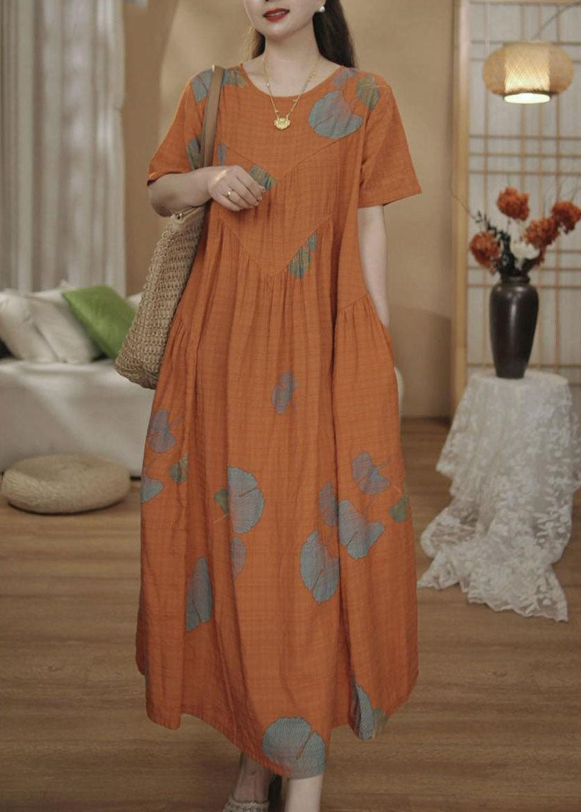 Oversized Dresses Cotton Summer Print Maxi Unique Orange
