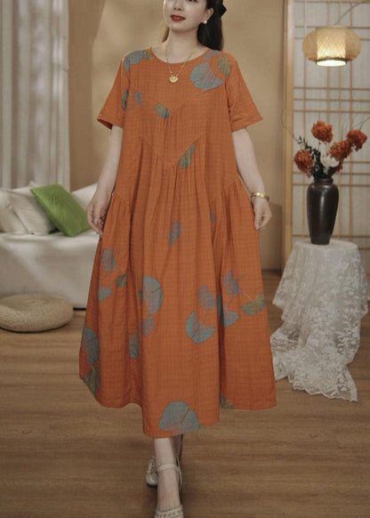 Dresses Unique Orange Cotton Oversized Summer Maxi Print