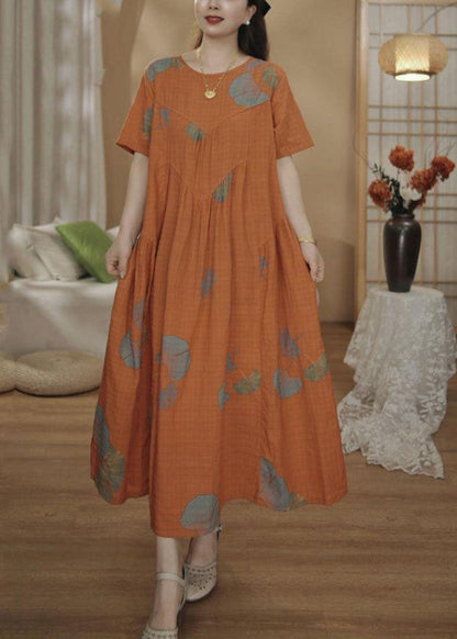 Dresses Unique Orange Cotton Oversized Summer Maxi Print