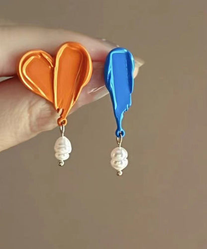 Unique Orange Paint Asymmetric Pearl Stud Earrings PO040