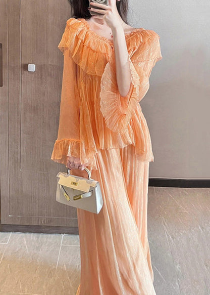 Unique Orange Ruffled Patchwork Chiffon Two Pieces Set Summer XX062