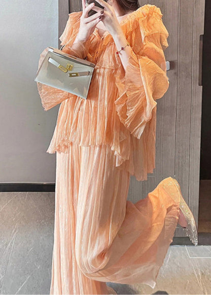 Unique Orange Ruffled Patchwork Chiffon Two Pieces Set Summer XX062