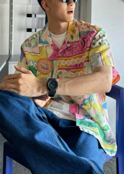 Cotton Print Pan Men's Unique Shirts Collar Peter Summer Button
