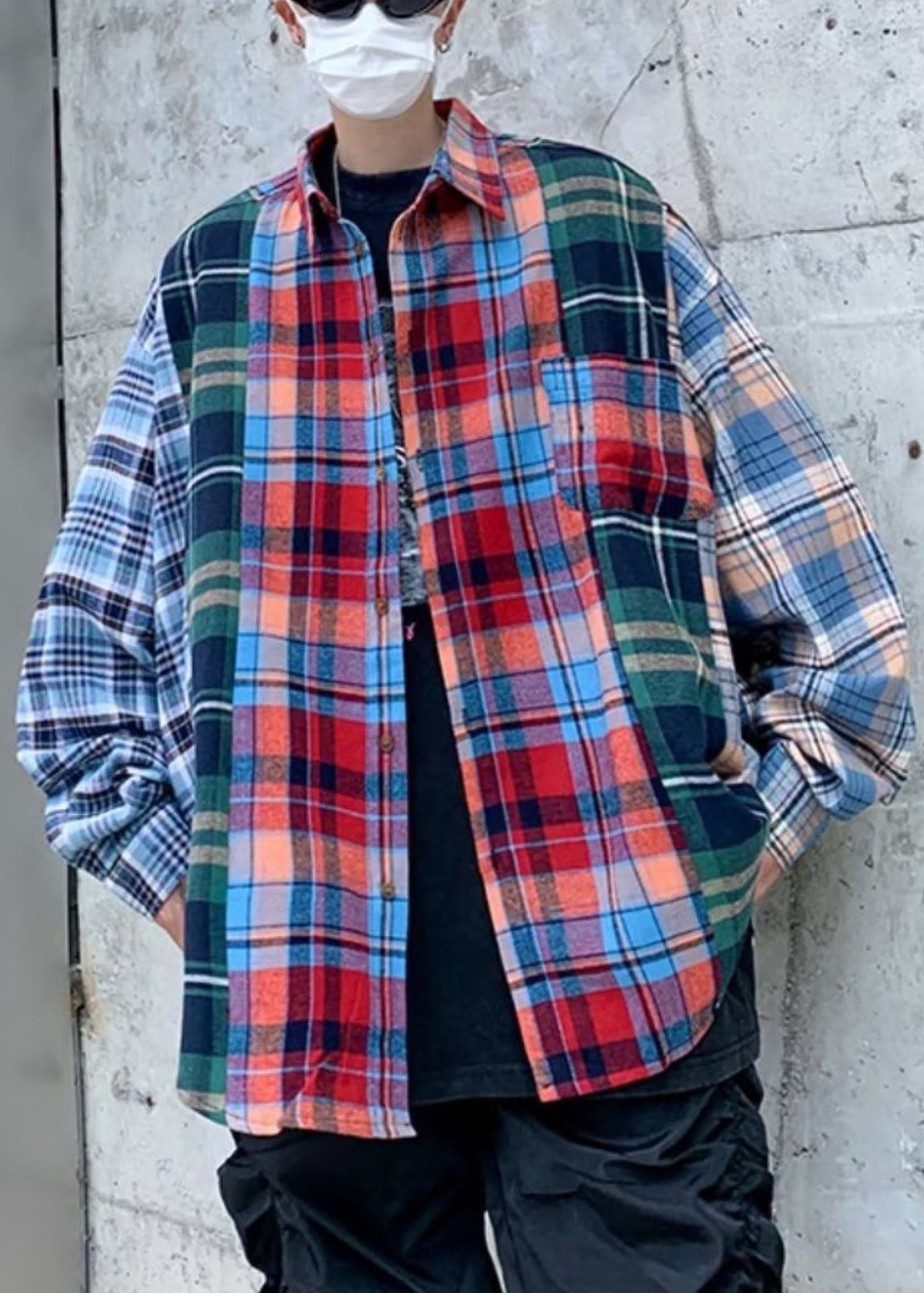 Spring Men Plaid Cotton Shirts Unique Peter Collar Pan Patchwork