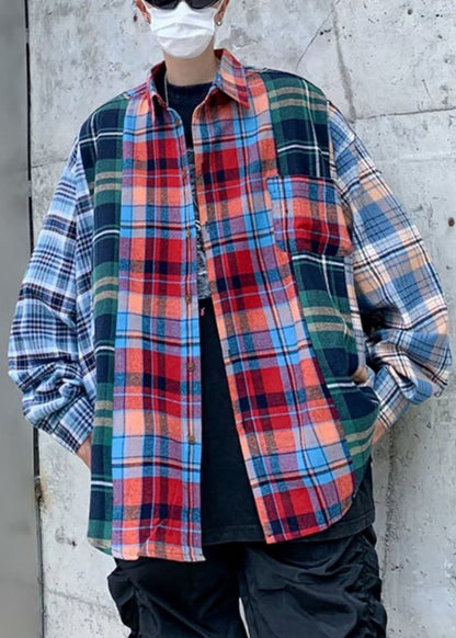 Spring Men Plaid Cotton Shirts Unique Peter Collar Pan Patchwork