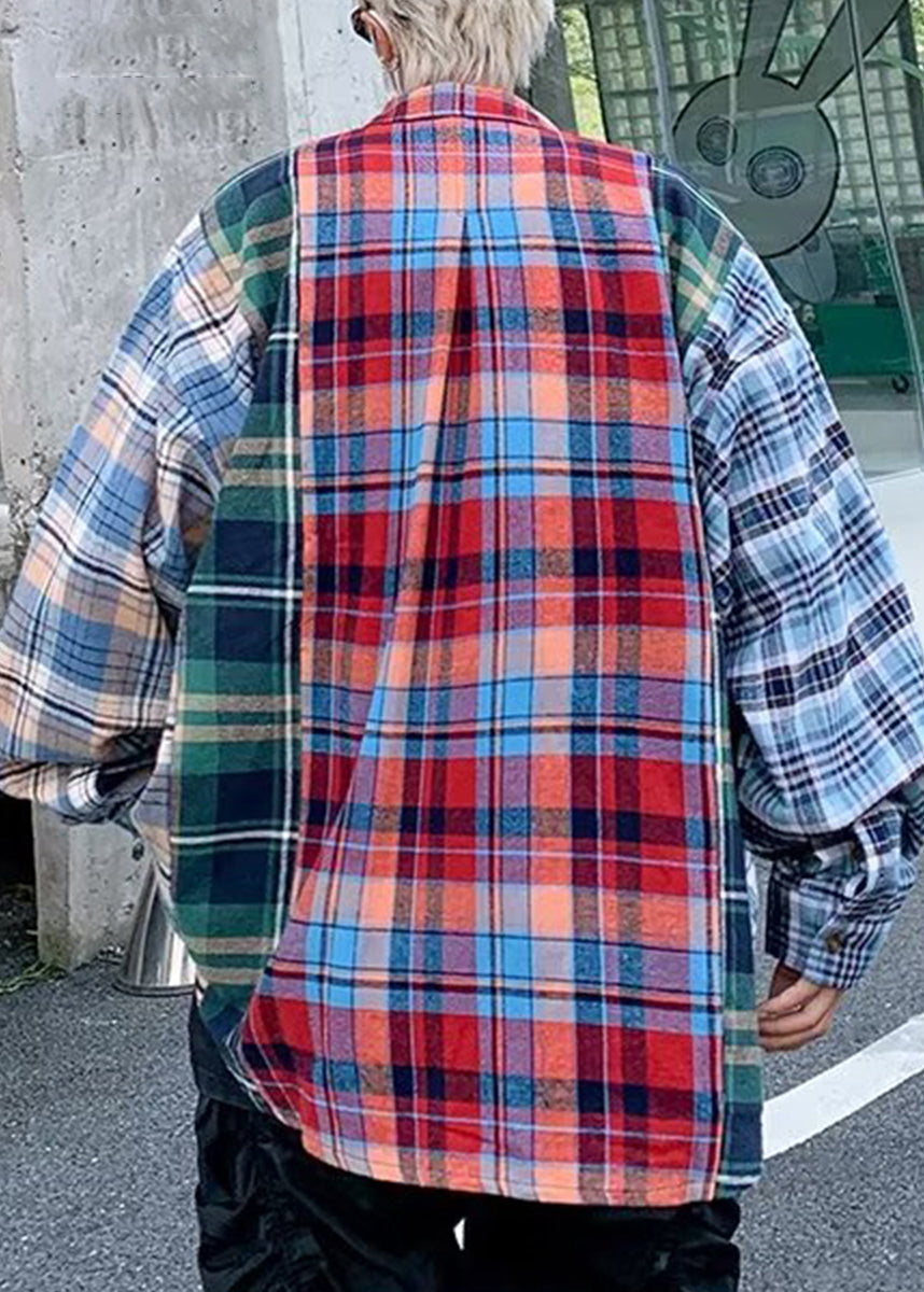 Spring Men Plaid Cotton Shirts Unique Peter Collar Pan Patchwork