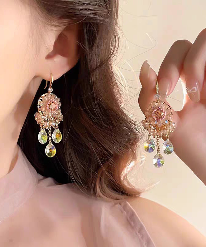 Unique Pink Copper Alloy Crystal Tassel Drop Earrings QZ013