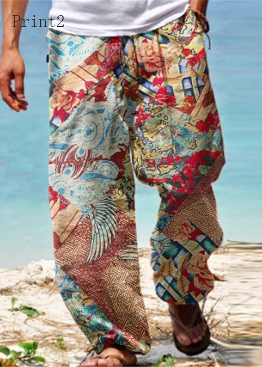 Elastic Unique Pockets Cotton Print Waist Men Pants Summer