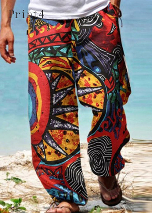 Elastic Unique Pockets Cotton Print Waist Men Pants Summer