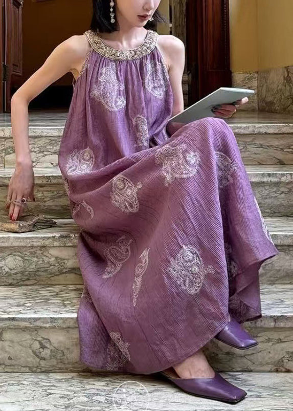 Sleeveless Purple Patchwork Embroidered Long Silk Unique Dress