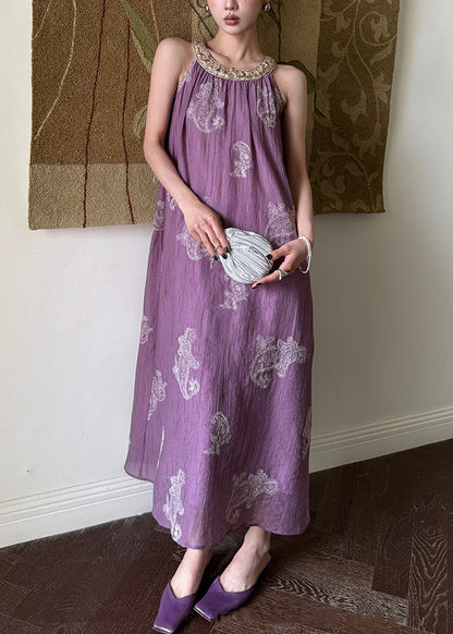 Sleeveless Purple Patchwork Embroidered Long Silk Unique Dress