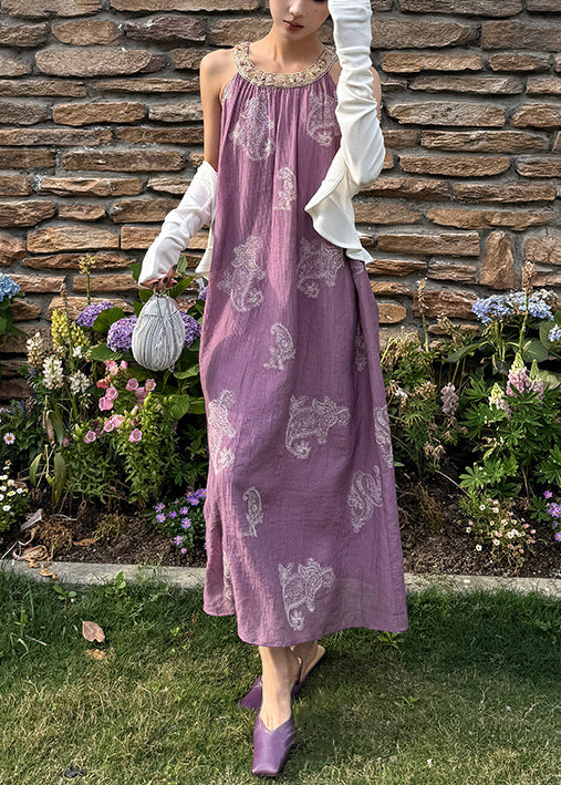 Sleeveless Purple Patchwork Embroidered Long Silk Unique Dress
