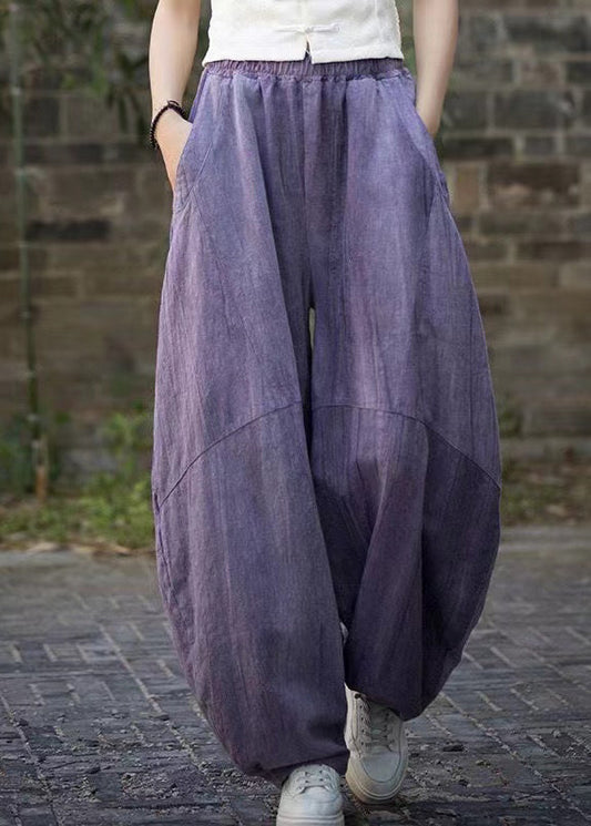 Unique Purple Tie Dye Pockets Linen Pants Summer QE052