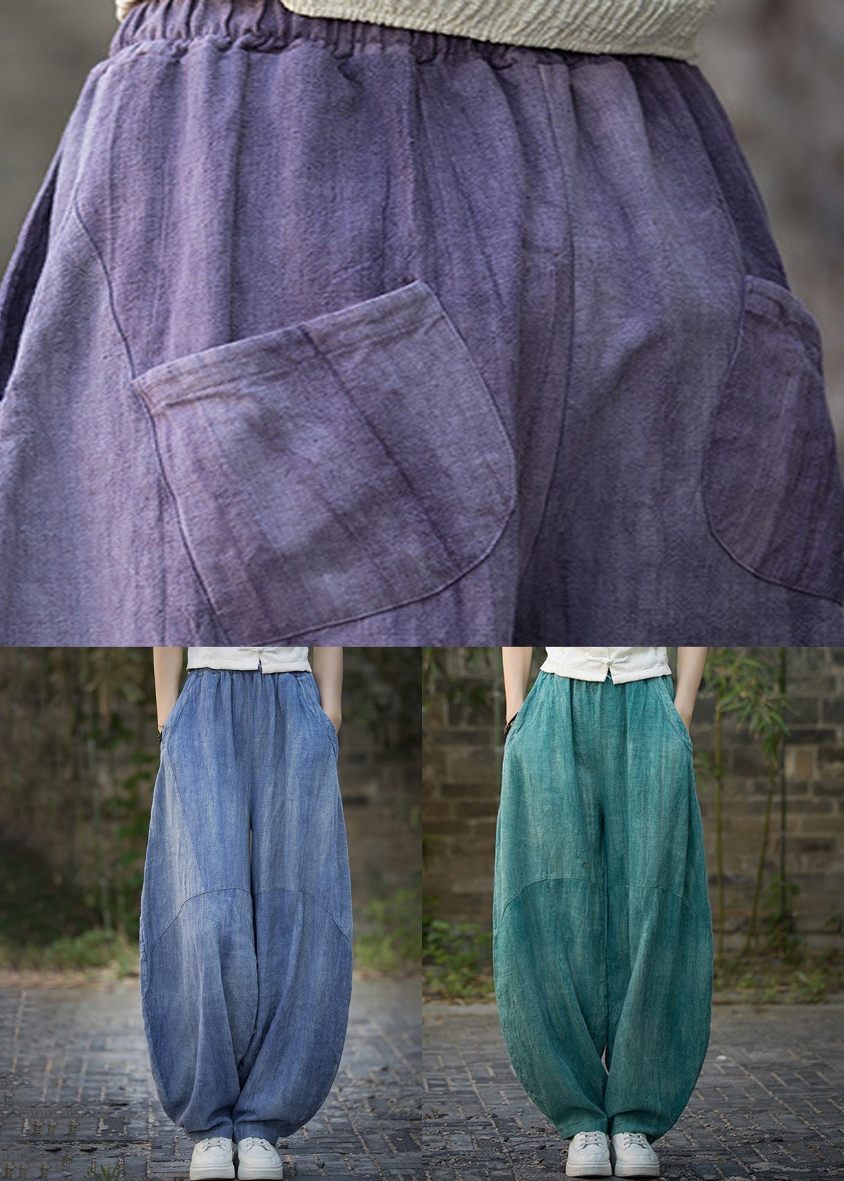 Unique Purple Tie Dye Pockets Linen Pants Summer QE052