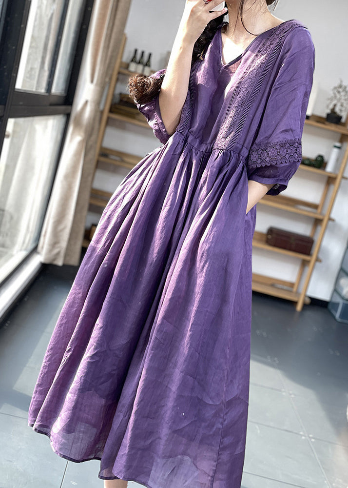 Robe en coton patchwork à poches en dentelle et col en V violet unique pour l'été OO038