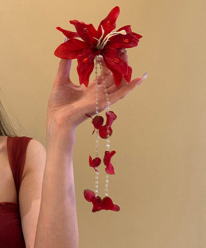Seed Hairpin Unique Floral Tassel Pearl Red