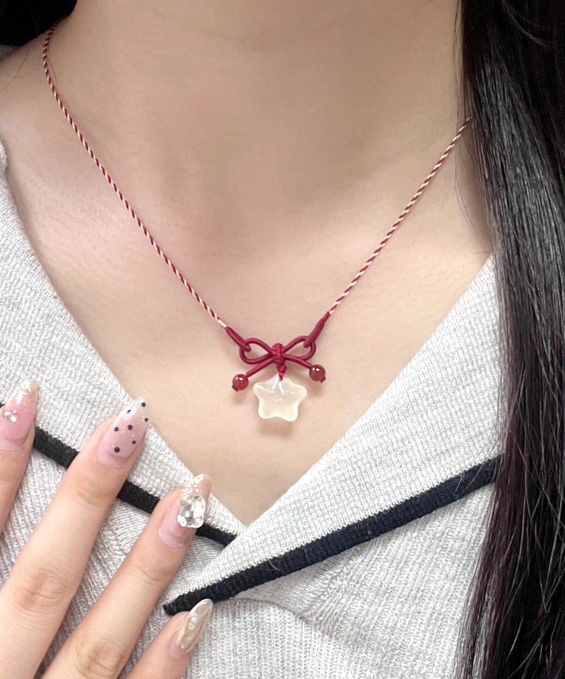 Unique Red Hand Woven Jade Bow Pendant Necklace QZ021