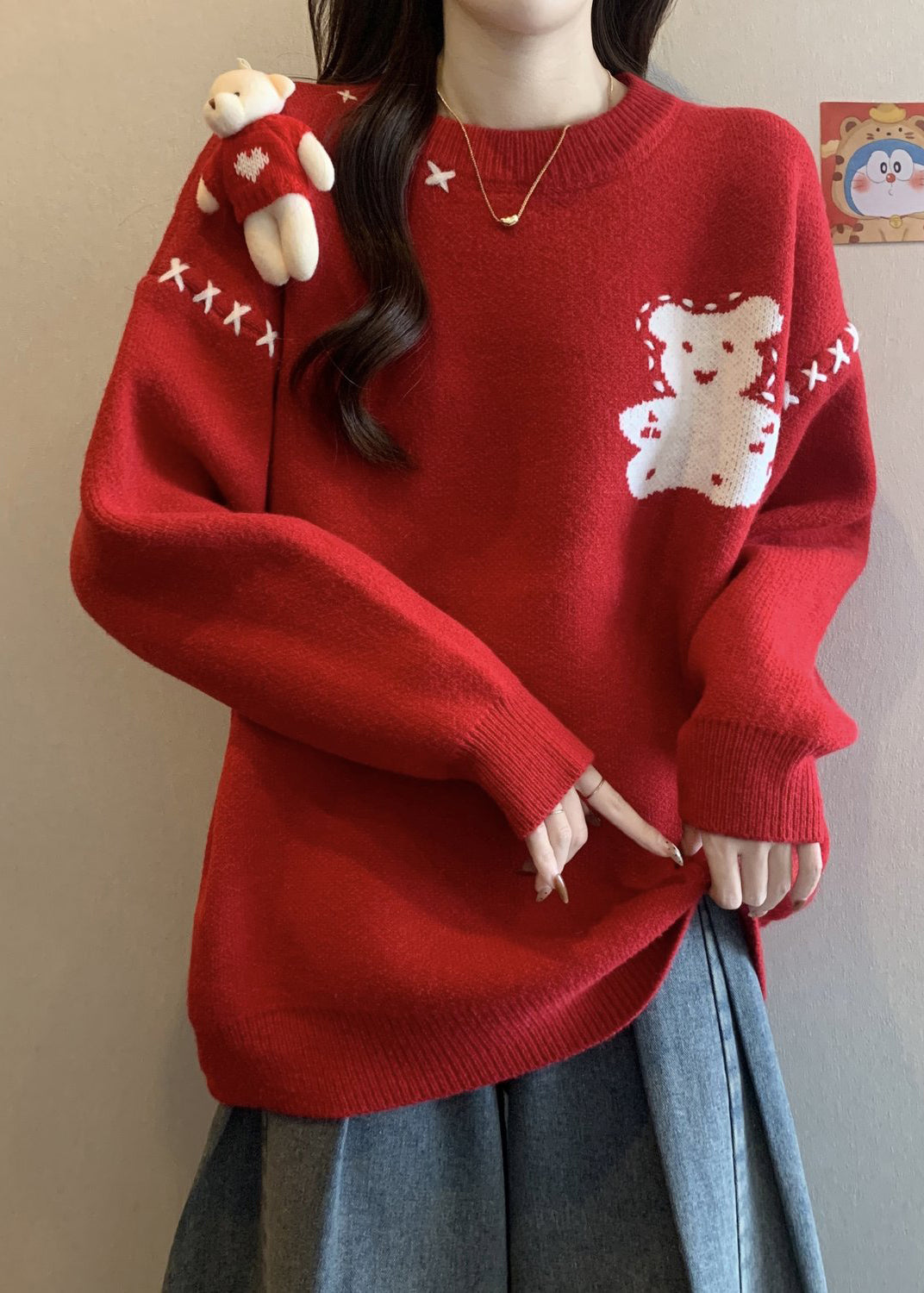 Unique Red O Neck Cartoon Patchwork Knitted Sweaters Winter RG042