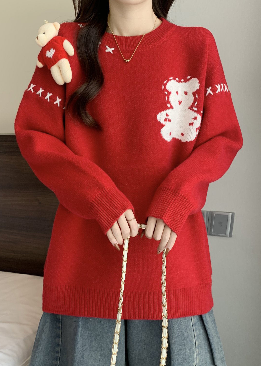 Unique Red O Neck Cartoon Patchwork Knitted Sweaters Winter RG042