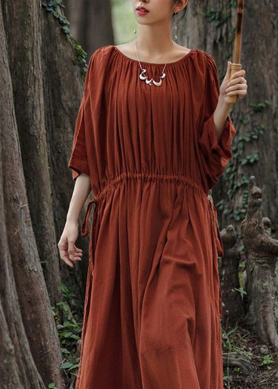 Unique Red O-Neck Drawstring Maxi Dresses Half Sleeve GH1071