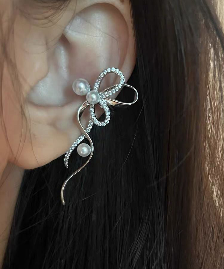 Stud Zircon Unique Ribbon Silk Earrings Pearl Metal Bow