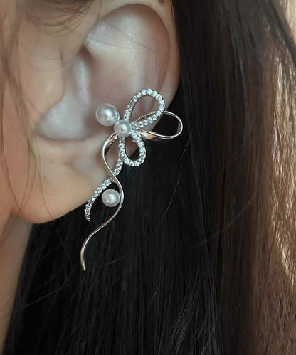 Stud Zircon Unique Ribbon Silk Earrings Pearl Metal Bow