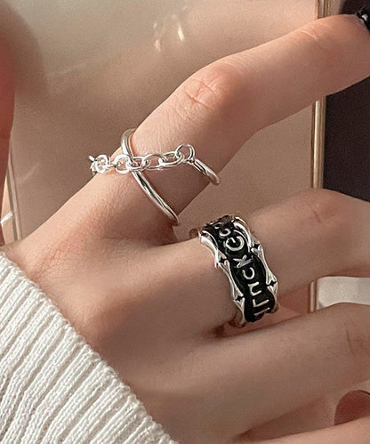 Patchwork Rings Set Unique Two-Piece Sterling Graphic Silk Silver