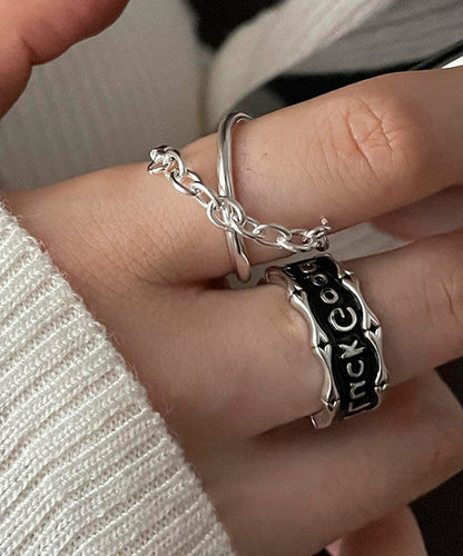 Patchwork Rings Set Unique Two-Piece Sterling Graphic Silk Silver