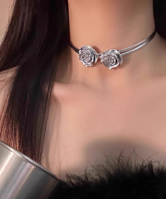 Collier ras du cou en argent sterling et soie à deux couches avec pendentif rose unique PO060