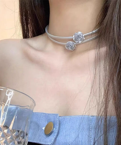 Unique Silk Sterling Silver Rose Bilayer Choker PO060