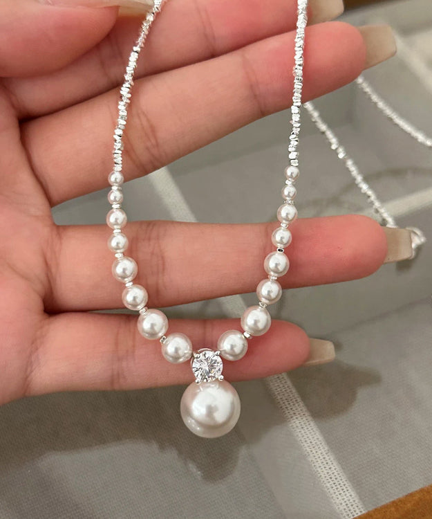 Unique White Pearl Zircon Broken Silver Pendant Necklace ZZ003