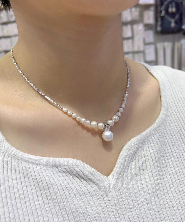 Unique White Pearl Zircon Broken Silver Pendant Necklace ZZ003