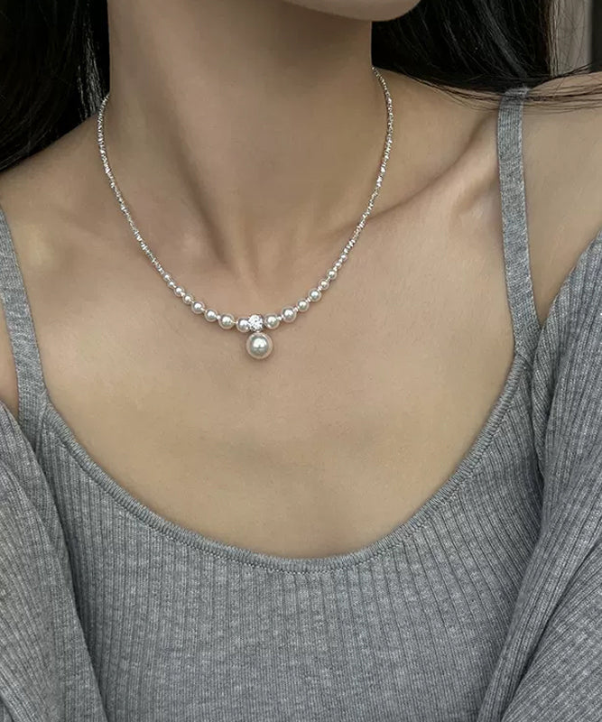 Unique White Pearl Zircon Broken Silver Pendant Necklace ZZ003