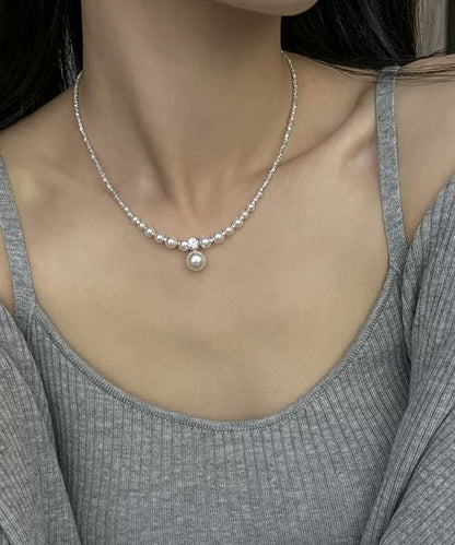 Unique White Pearl Zircon Broken Silver Pendant Necklace ZZ003