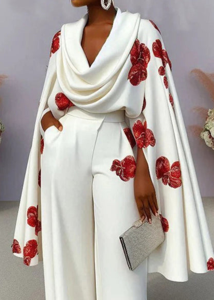 Unique White Neck Tops Turtle Cloak Sleeves Print Cotton