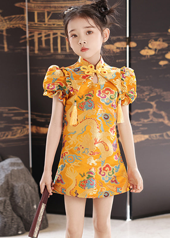 Mid Dresses Unique Yellow Stand Print Summer Girls Baby Collar